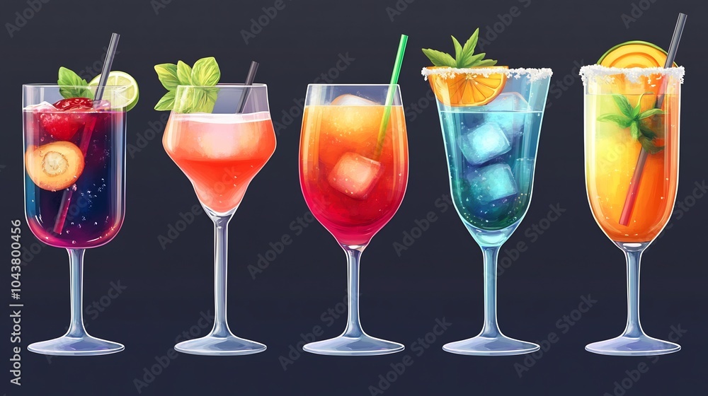 Collection of Colorful Cocktails in Tall Glasses Collection of Colorful Cocktails in Tall Glasses