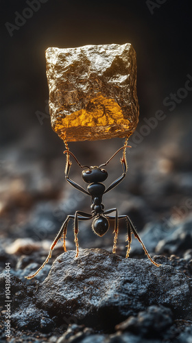 Determined black ant lifts a heavy gold nugget, symbolizing success and wealth. This surreal image inspires overcoming obstacles for prosperity photo