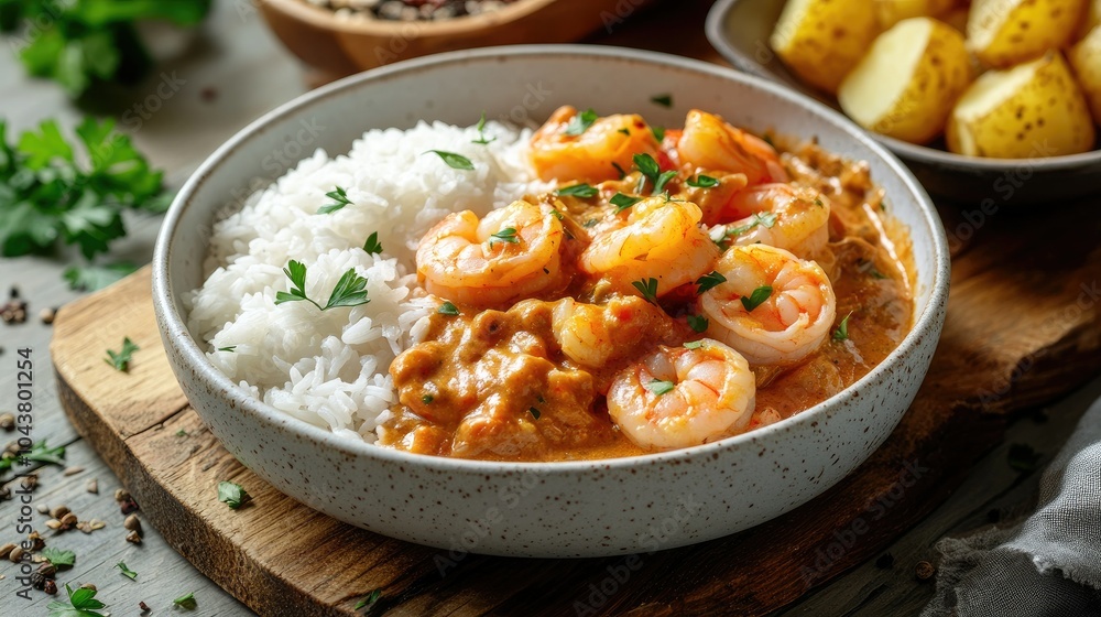 Elegant shrimp stroganoff dish accompanied by rice and golden straw potatoes, perfectly styled on a wooden table for culinary visuals. Elegant shrimp stroganoff dish accompanied by rice and golden straw potatoes, perfectly styled on a wooden table for culinary visuals.