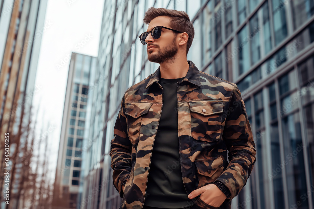 Stylish man wearing a camouflage jacket with leather details, walking through a modern city, edgy and military-inspired look. Stylish man wearing a camouflage jacket with leather details, walking through a modern city, edgy and military-inspired look.