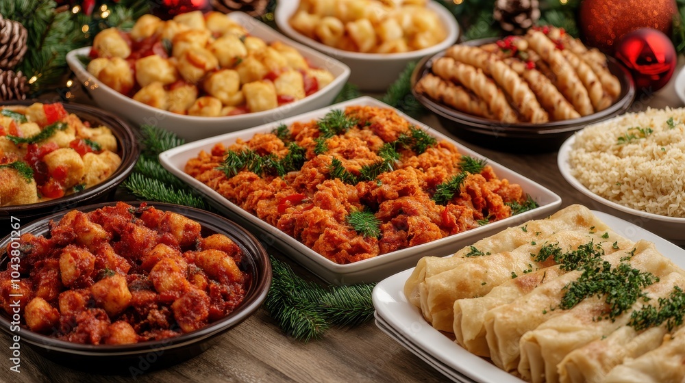 A festive spread of various delicious dishes, featuring rice, dumplings, and savory treats, garnished with herbs, perfect for a celebration. A festive spread of various delicious dishes, featuring rice, dumplings, and savory treats, garnished with herbs, perfect for a celebration.