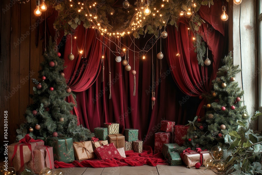 Christmas festive scene with decorations. Merry Christmas and Happy New Year holiday background Christmas festive scene with decorations. Merry Christmas and Happy New Year holiday background