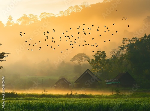 Village in Misty Morning with Birds Flying - Tranquil Sunrise Nature Scene photo