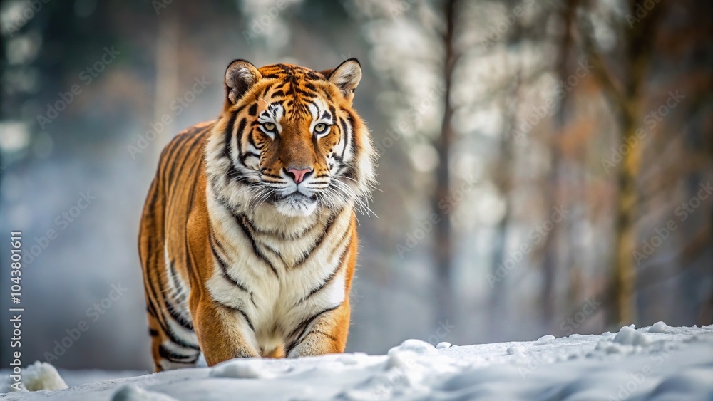 Fototapeta premium Sabretooth tiger standing alone in a blurry winter backdrop
