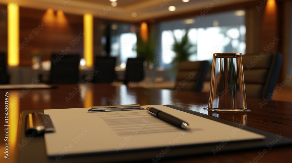 Empty conference room with a closeup of an agenda book and pen resting on the table before the meeting starts Empty conference room with a closeup of an agenda book and pen resting on the table before the meeting starts