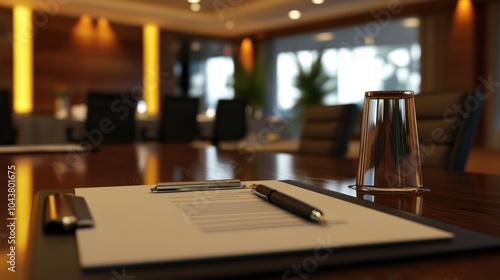 Wallpaper Mural Empty conference room with a closeup of an agenda book and pen resting on the table before the meeting starts Torontodigital.ca