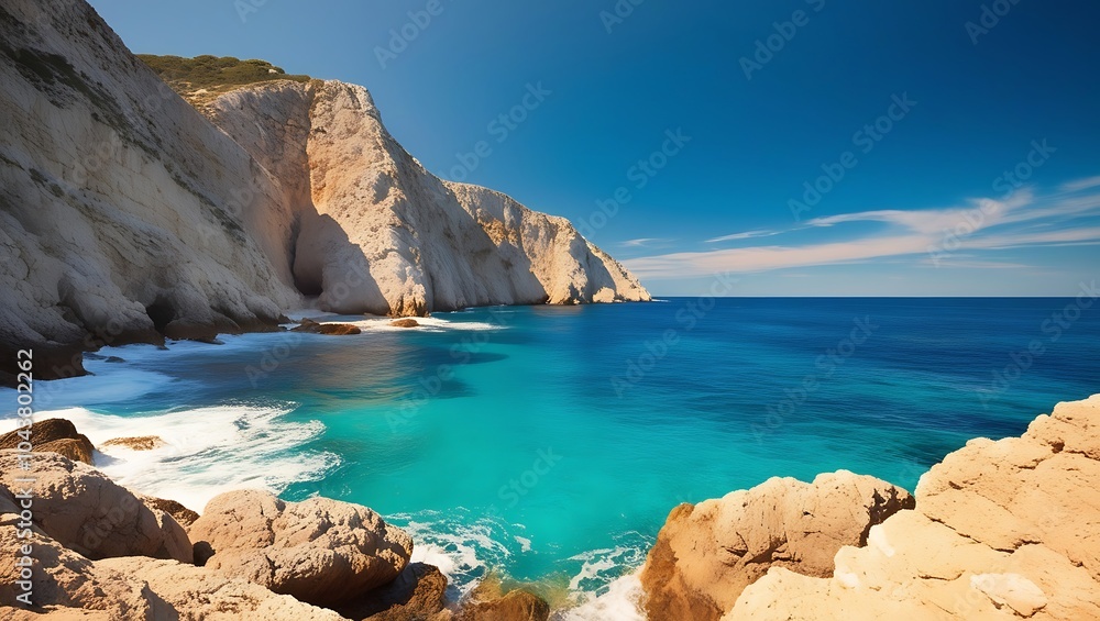Wallpaper of a sea coast showcasing dramatic cliffs and golden sands Wallpaper of a sea coast showcasing dramatic cliffs and golden sands