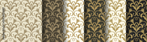 Golden damask seamless pattern, set of companion patterns on light and dark background with different shades of gold. Classic plant elements. Vintage retro or baroque style. Vector illustration
