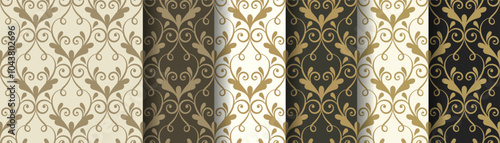 Golden seamless pattern, set of companion patterns on light and dark background with different shades of gold. Classic plant elements. Vintage retro style. Damask pattern. Vector illustration
