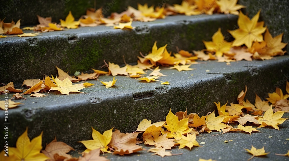 Old Concrete Stairs Covered With Autumn Leaves in Urban Setting Old Concrete Stairs Covered With Autumn Leaves in Urban Setting