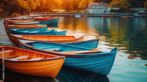 Wallpaper Mural Colorful boats lined up on a serene lake at sunset. Torontodigital.ca