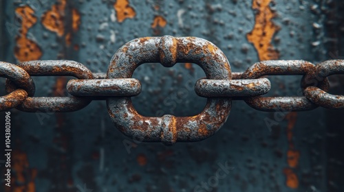 Close-up of a rusty metal chain link on a textured surface. photo