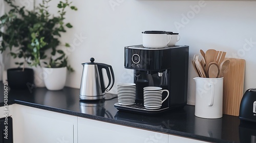 Modern Black Coffee Machine in a Stylish Kitchen with Cup - Sleek Home Appliance Closeup