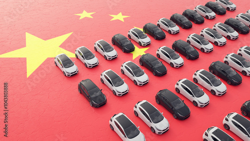 Chinese automotive industry. Light vehicles on the China flag. 3D Render.