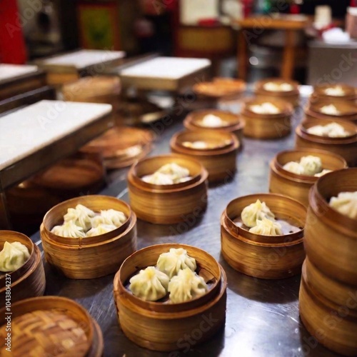 A Chinese restaurant specializing in dim sum, with carts rolling by tables offering a variety of small plates and dumplings