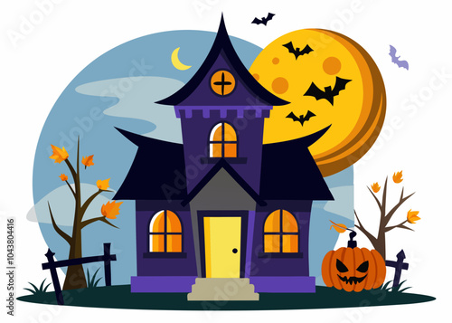 Halloween house with pumpkin vector illustration on white background