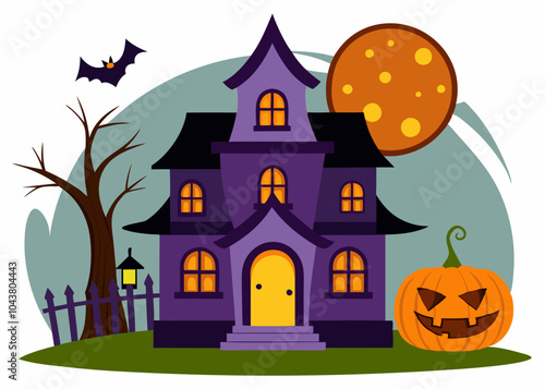 Halloween house with pumpkin vector illustration on white background