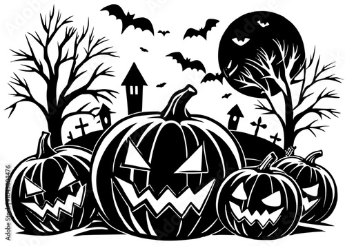 Halloween house with pumpkin vector silhouette on white background