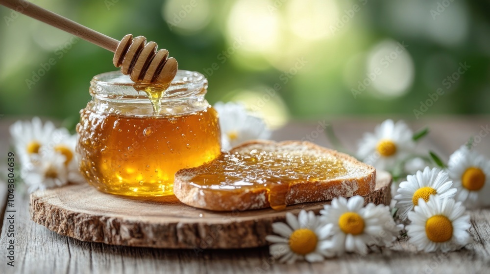 A jar of honey with a wooden dipper, dripping onto a slice of toast, with fresh chamomile flowers on a rustic wooden table. A jar of honey with a wooden dipper, dripping onto a slice of toast, with fresh chamomile flowers on a rustic wooden table.