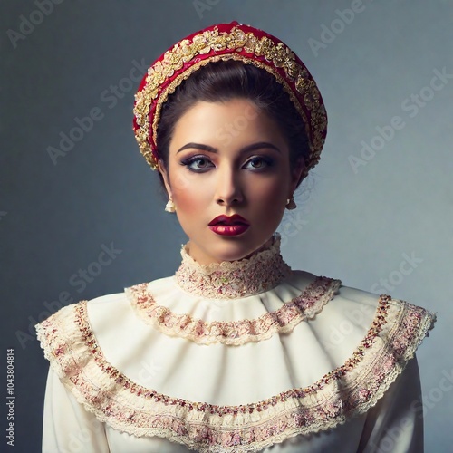 Woman wearing a victorian basquine with many lappets and bows photo