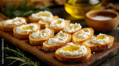 crostini made from sliced baguette, topped with ricotta cheese, honey, seasoned with salt and black pepper