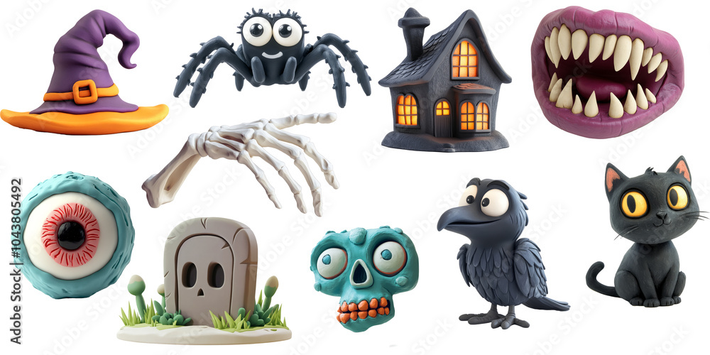 Fototapeta premium Cute 3D plasticine style halloween design element collection. Transparent background