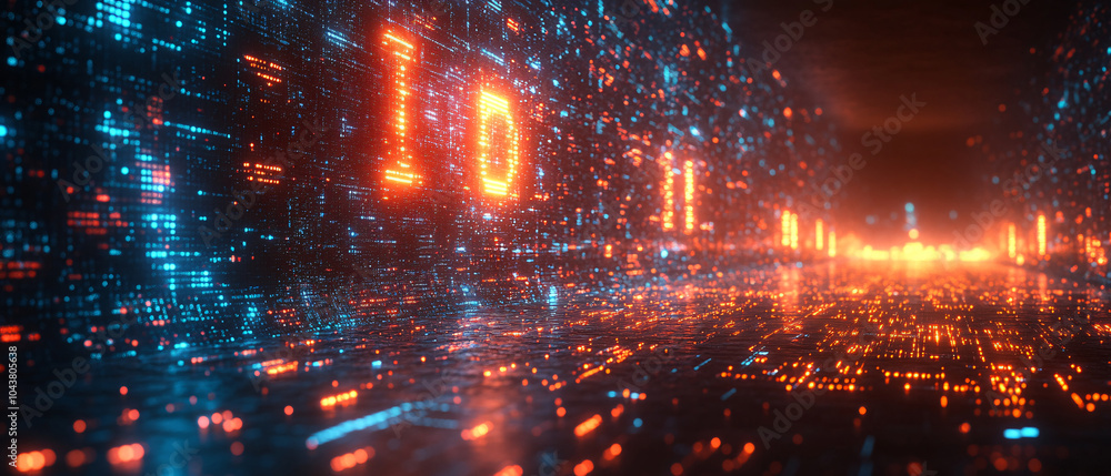 Abstract Neon Cityscape with Digital Code and Binary Data Abstract Neon Cityscape with Digital Code and Binary Data
