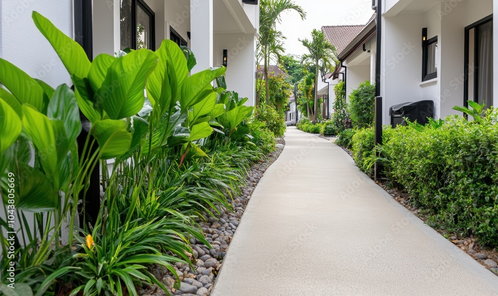 Naklejka premium A walkway between two houses with green plants - Outdoor