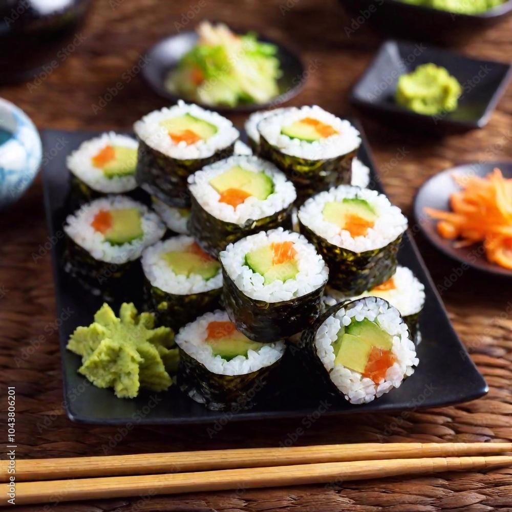 Japanese Vegetable Sushi: A delightful photo of a platter of vegetable sushi rolls, filled with avocado, cucumber, and carrots, served with soy sauce, pickled ginger, and wasabi on the side. Japanese Vegetable Sushi: A delightful photo of a platter of vegetable sushi rolls, filled with avocado, cucumber, and carrots, served with soy sauce, pickled ginger, and wasabi on the side.