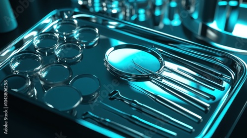 A close-up of a stainless steel surgical tray with various instruments, including a magnifying glass, forceps, and scalpels. photo