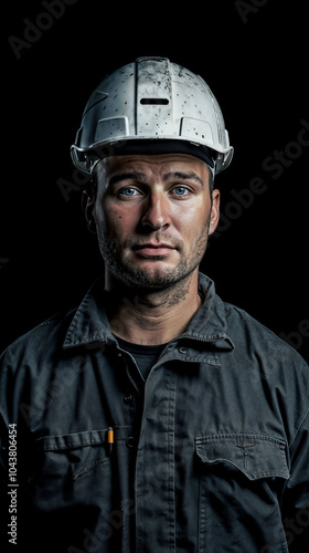 Portrait of determined construction worker man wearing weathered white hard hat and dark workwear against black background, dramatic studio lighting