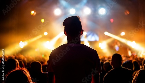 Silhouette at a Music Festival: Man Standing Before Bright Stage Lights