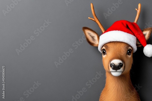 Deer with a red nose and a red hat on its head. The deer is looking at the camera. copy space, beautiful rudolph the red nosed reindeer with santa hat and presents, isolated on dark backgroun photo