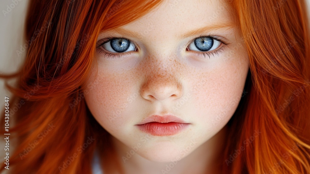 Young girl with blue eyes and red hair. She has a very cute and innocent look on her face Young girl with blue eyes and red hair. She has a very cute and innocent look on her face