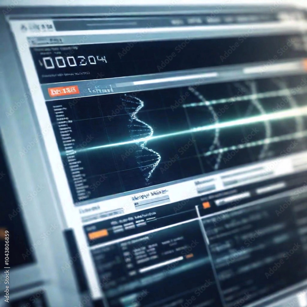 Close Up of a computer screen displaying a digital model of DNA, with tilt-shift effect to focus sharply on the DNA sequence while blurring the surrounding interface. Close Up of a computer screen displaying a digital model of DNA, with tilt-shift effect to focus sharply on the DNA sequence while blurring the surrounding interface.