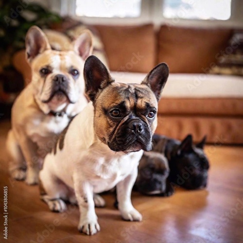 pack of French Bulldogs huddled together, with one in sharp focus displaying its wrinkled face and bat-like ears, while the rest blur into the cozy background of a living room