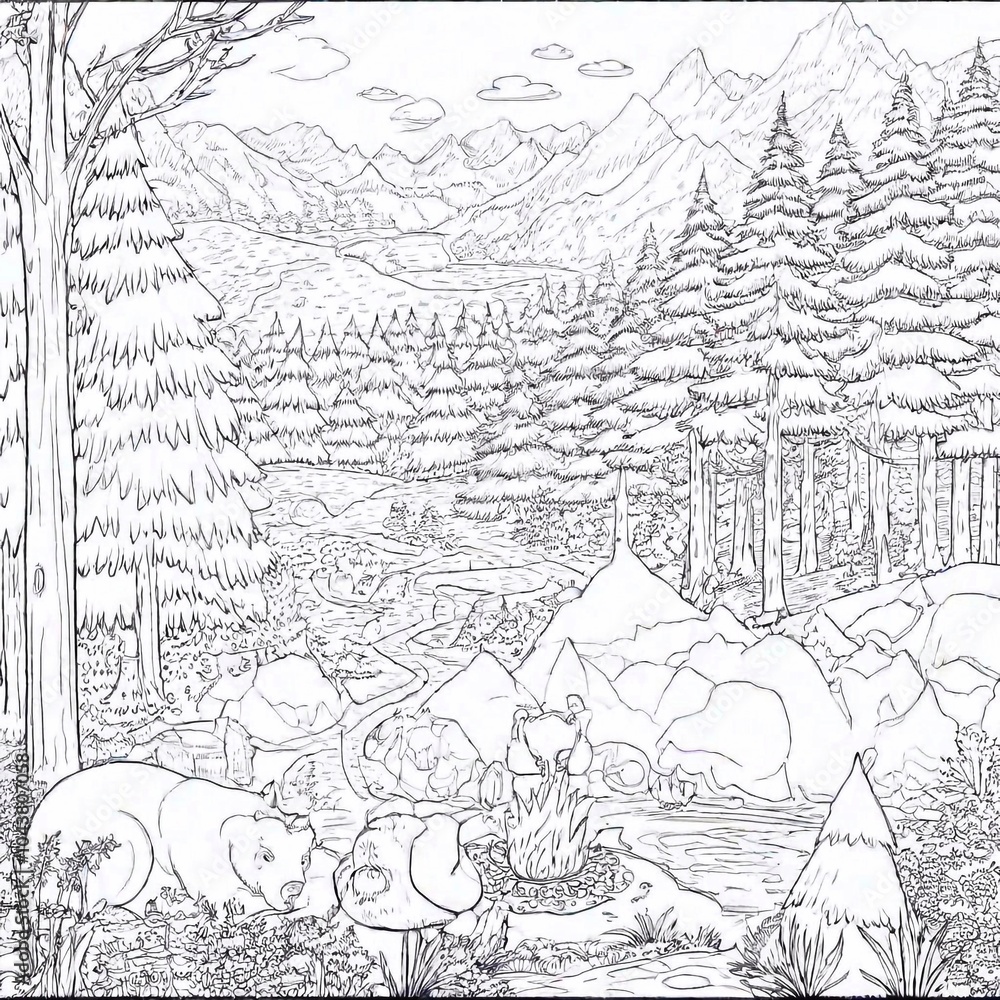 A cartoon-style forest scene with a bear, rabbit, and owl sitting around a campfire, surrounded by trees and mountains, ready to be colored in A cartoon-style forest scene with a bear, rabbit, and owl sitting around a campfire, surrounded by trees and mountains, ready to be colored in