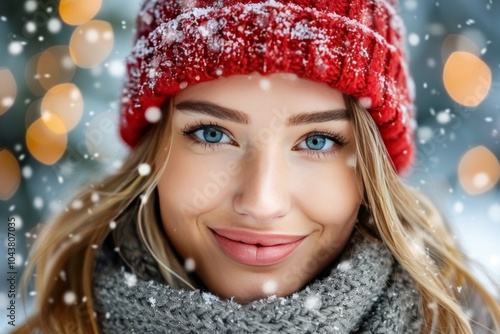 Close up portrait of a woman in a red hat and scarf smiling joyfully amidst Christmas decorations capturing the festive beauty and warmth of the holiday season