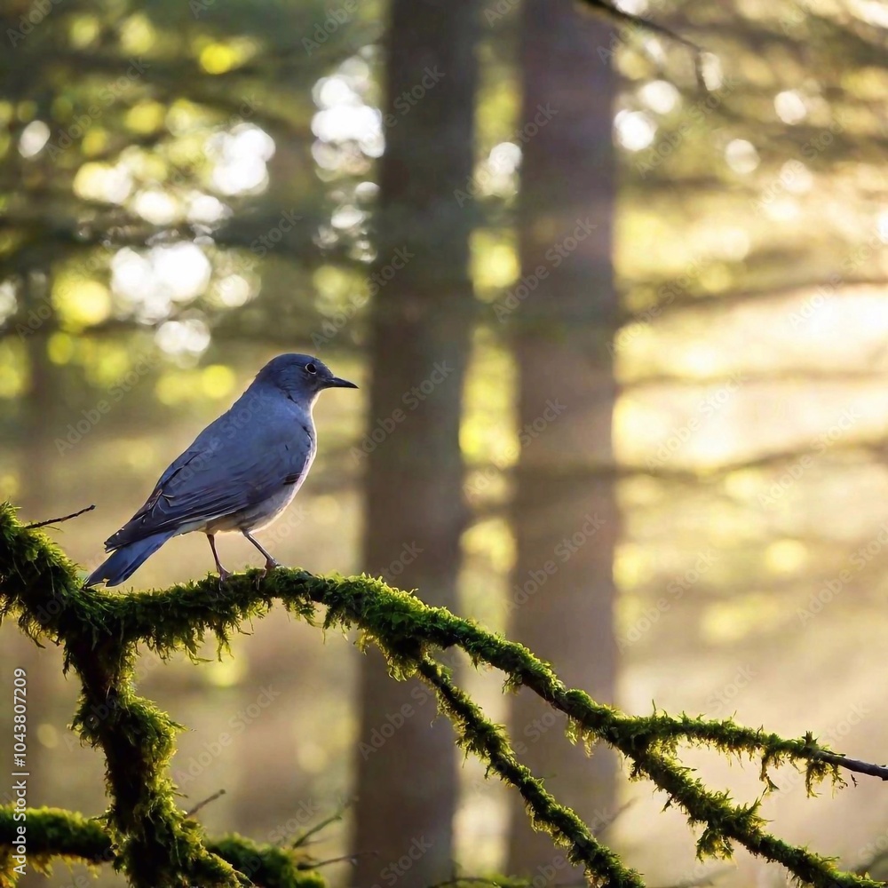 Fototapeta premium Birds resting on a branch in a misty forest at dawn