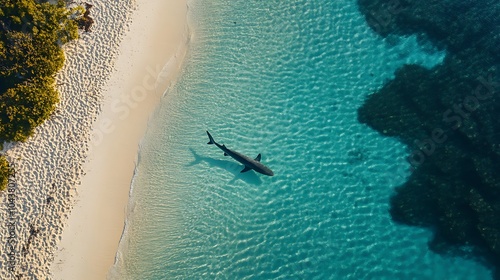 A lone shark swimming in clear blue-green waters close to a sandy beach from above photo