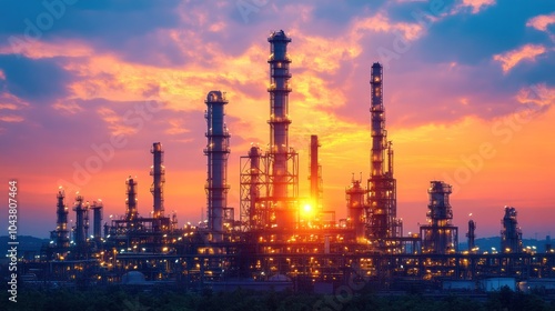 Wallpaper Mural A large oil refinery silhouetted against a vibrant sunset sky. Torontodigital.ca