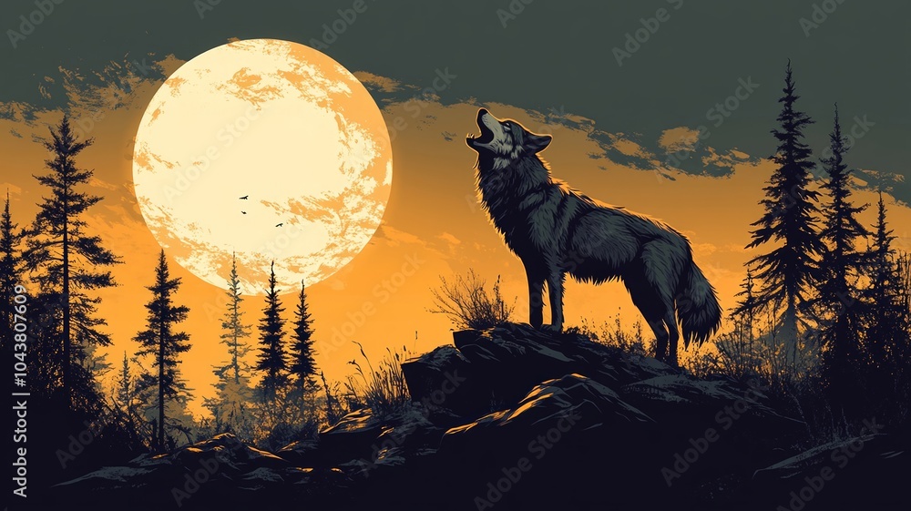 Wolf howling at a full moon in a forest with dark orange sky Stock ...