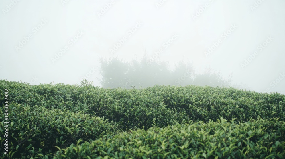 A misty landscape featuring lush green tea plants and trees in the background. A misty landscape featuring lush green tea plants and trees in the background.
