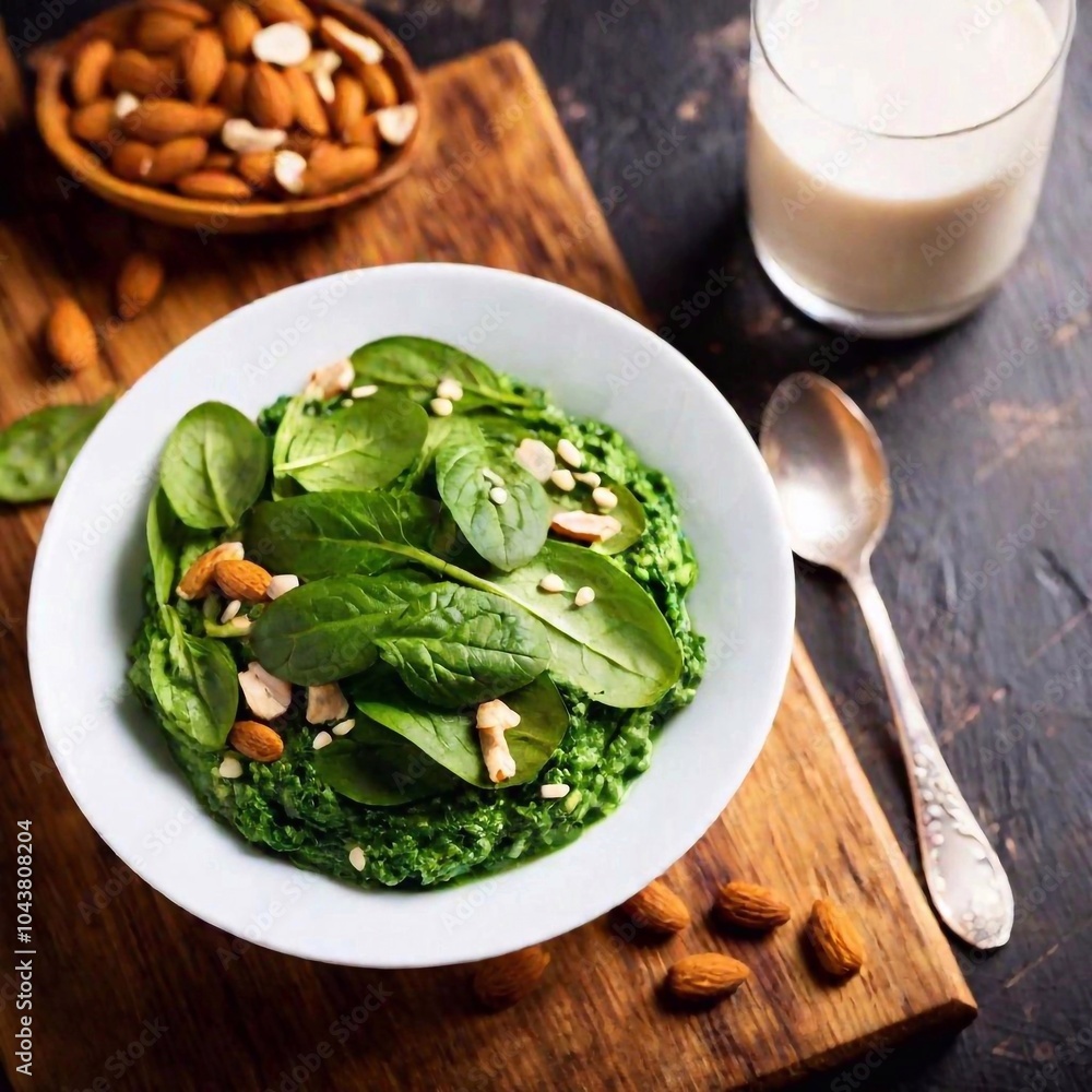 A healthy breakfast option with a smoothie made from spinach, banana, and almond milk, paired with a small bowl of mixed nuts and dried fruits A healthy breakfast option with a smoothie made from spinach, banana, and almond milk, paired with a small bowl of mixed nuts and dried fruits