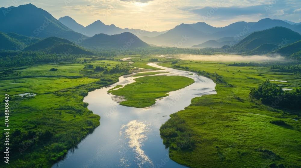 Fototapeta premium Serene river valley at dawn a breathtaking natural landscape
