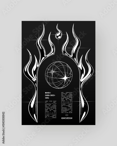 Futuristic Abstract Cyberpunk Poster Design. Y2K monochrome metallic, Silver Chrome, 2000s.