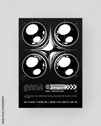 Futuristic Abstract Cyberpunk Poster Design. Y2K monochrome metallic, Silver Chrome, 2000s.