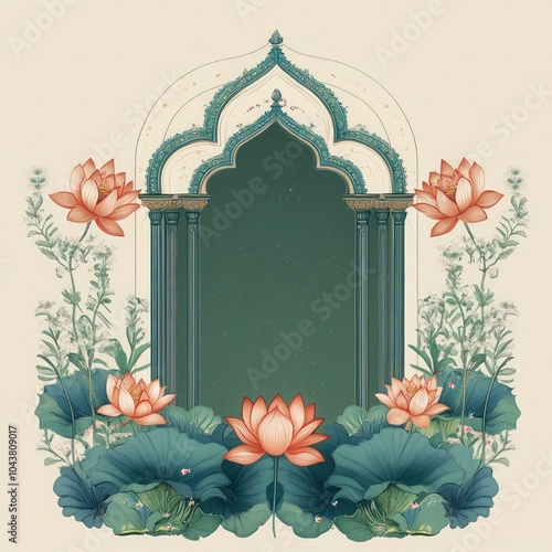 Mughal decorative garden with peacock frame for wedding invitation, Traditional Indian Wedding Invitation Card. photo