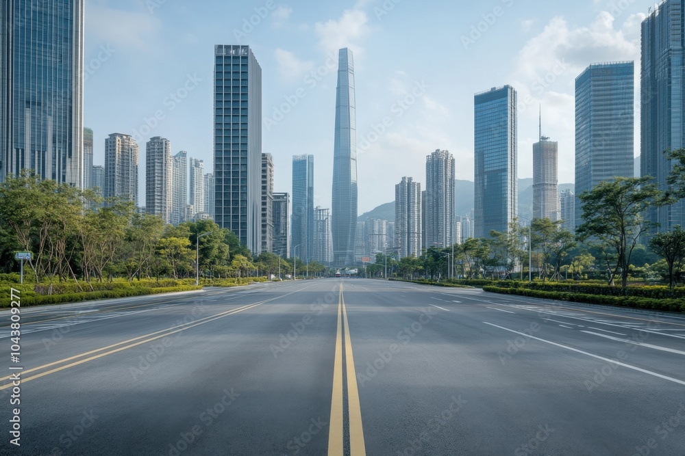 Urban skyline with modern architecture and open road Urban skyline with modern architecture and open road