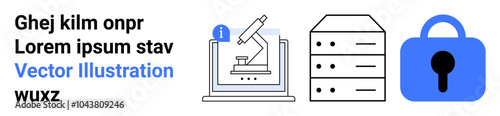 Depicts a microscope on a laptop, server stack, and a padlock highlighting scientific research, data storage, and security. Ideal for digital solutions, education, technology, research labs